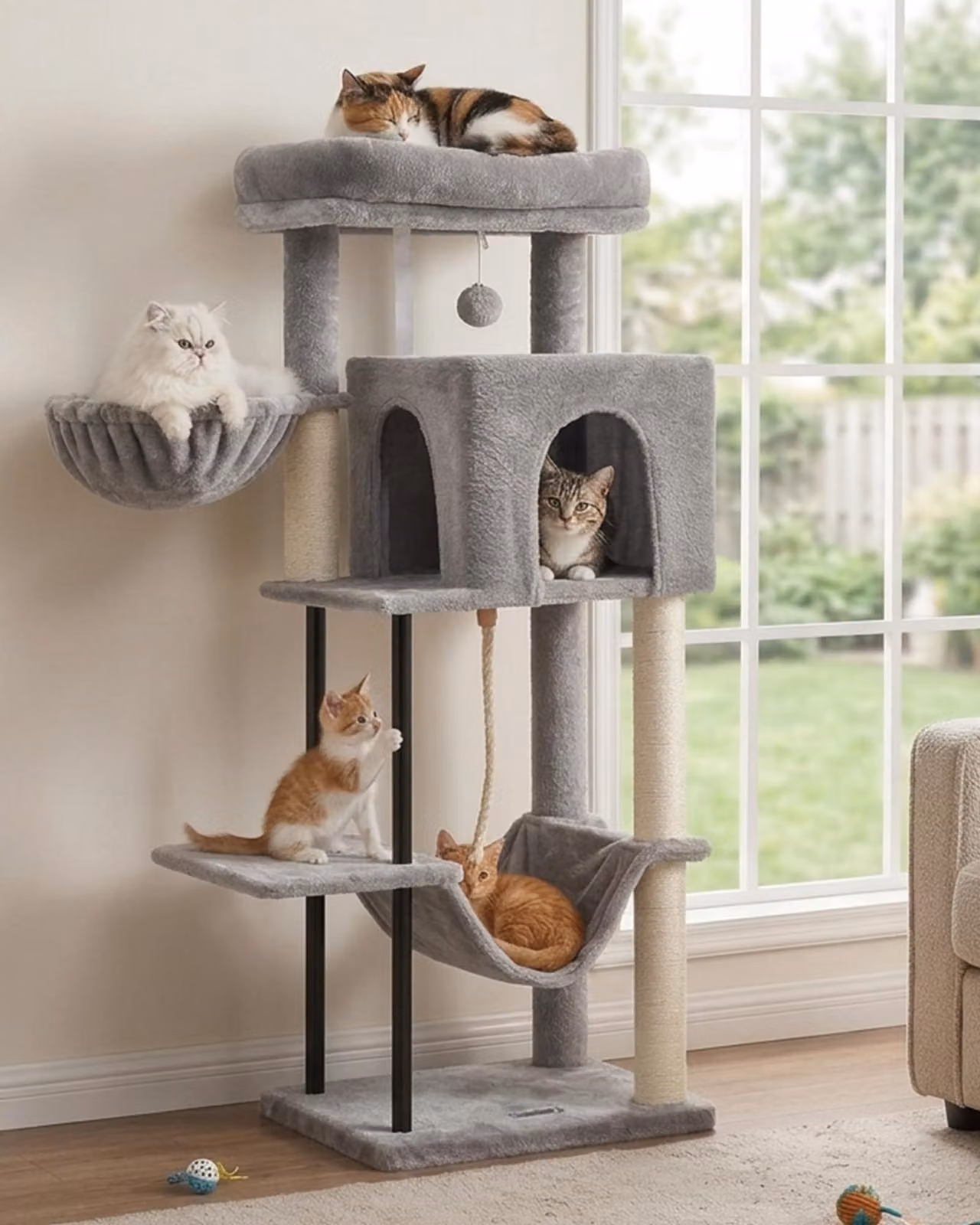 Albero per gatti a torre, con struttura in tubi d'acciaio - altezza 110 cm, con amaca e rifugio (grigio chiaro)