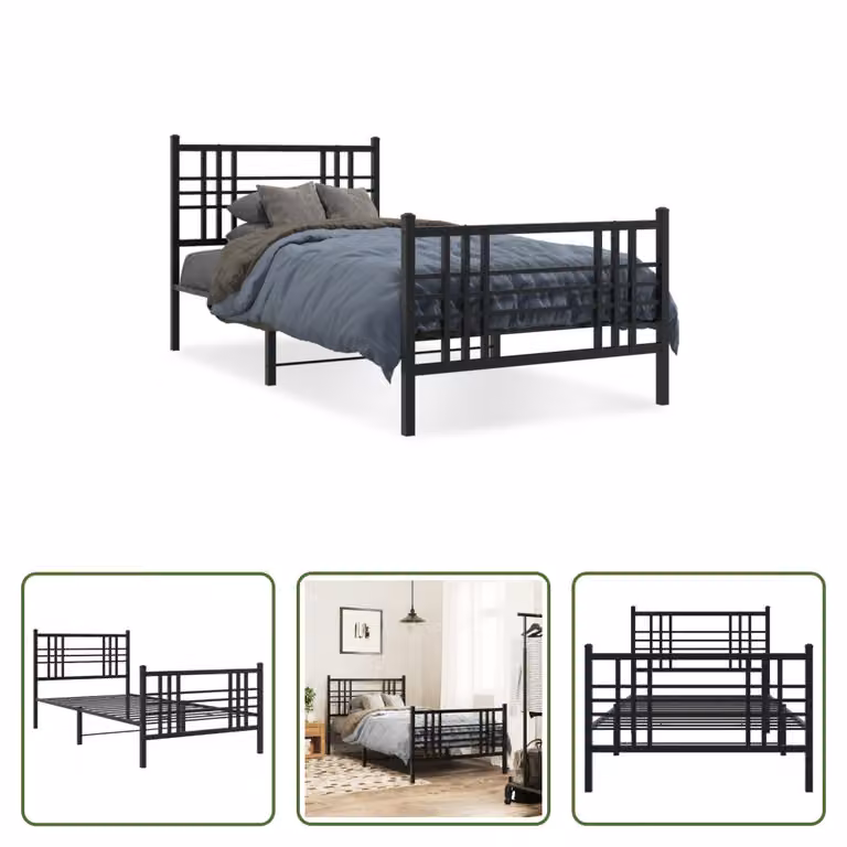 The Living Store Struttura letto con testiera e pediera in metallo nero 100x200 cm