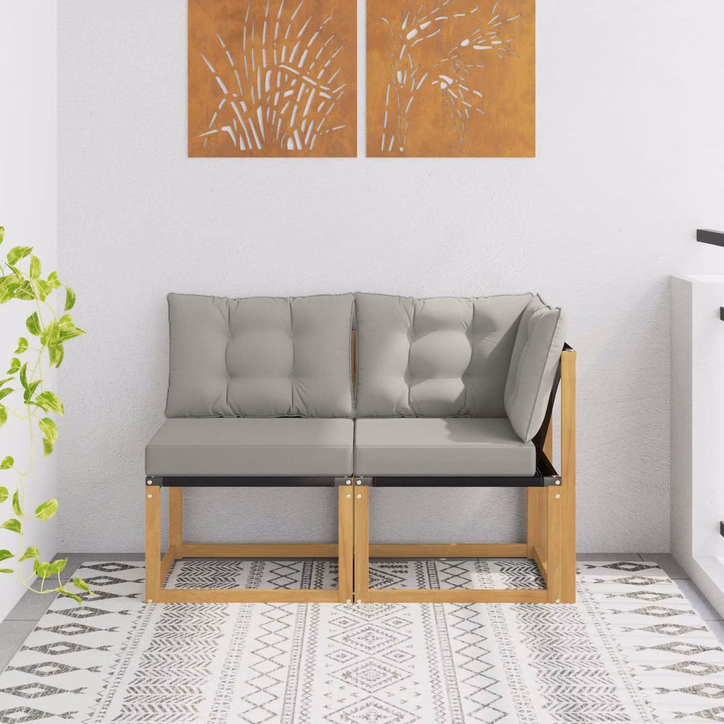 Set di 2 divani modulari da esterno vidaXL con struttura in legno di acacia e cuscini in tessuto textilene bianco e grigio per giardino e terrazzo