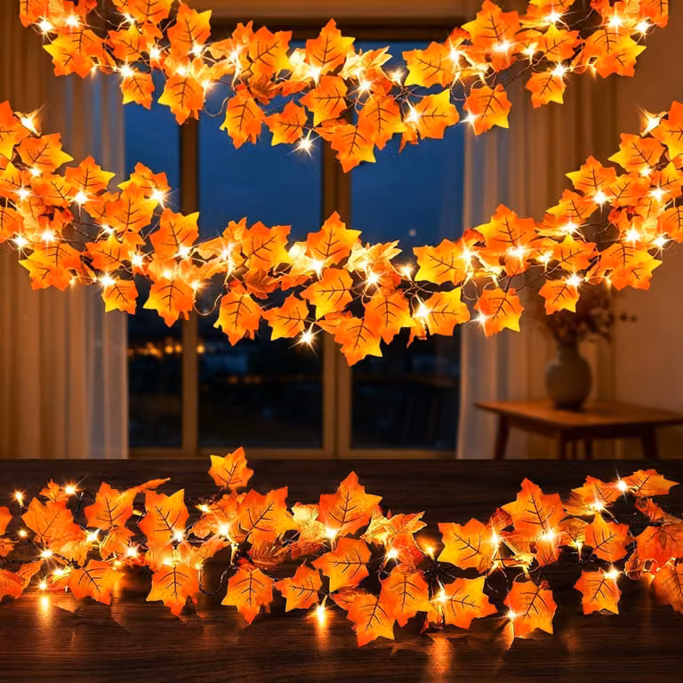 Catena luminosa autunnale con foglie d'acero, lunghezza 3 metri, 20 LED, luce arancione calda, confezione da 2 pezzi