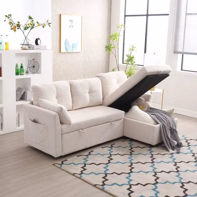 Divano ad angolo convertibile 206 x 108 x 66 - 88 cm; letto estraibile; meridiano regolabile; cassettiere; velluto a coste; beige