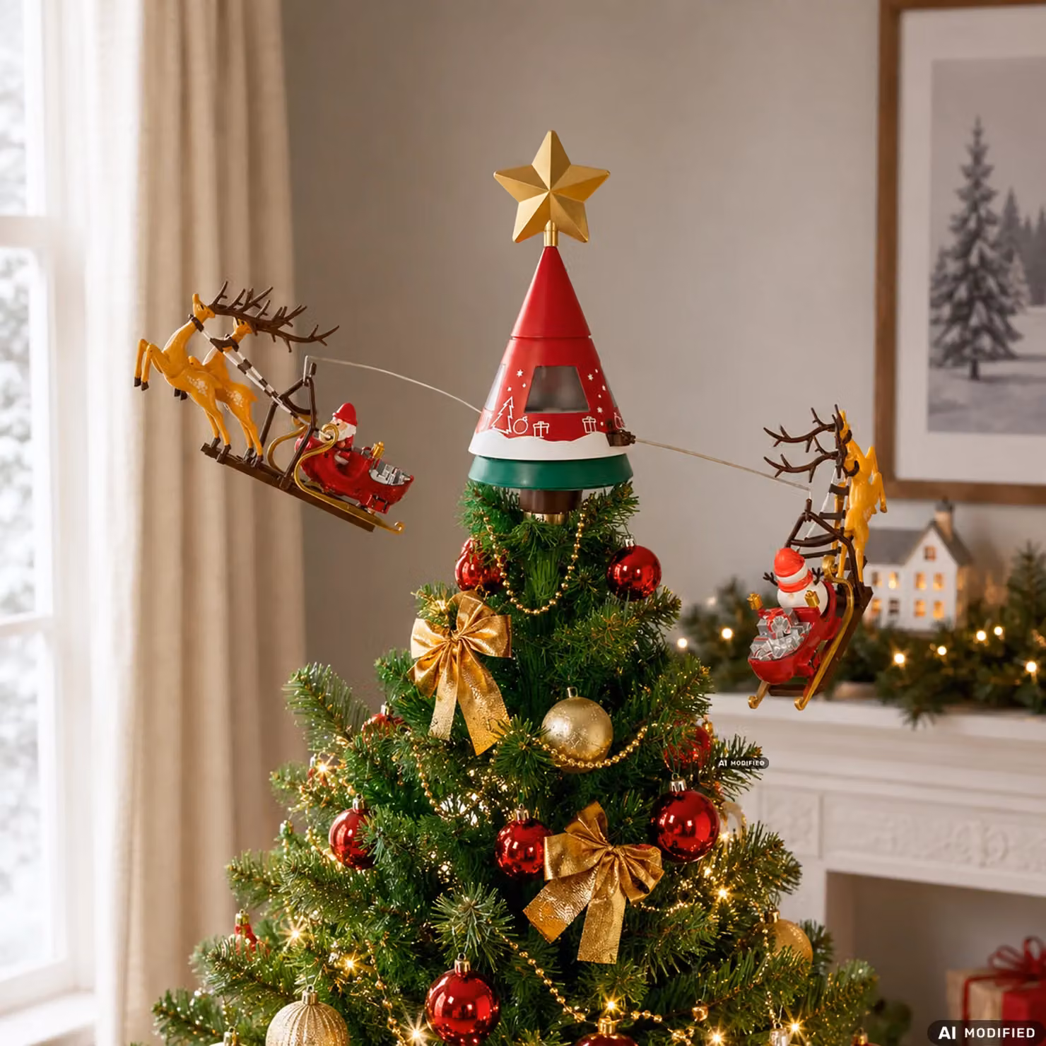 Puntale Rotante per Albero di Natale VESTIAMO CASA con Slitte di Babbo Natale, Stella LED, Musica e Alimentazione USB, H 65 cm x L 41 cm – 2