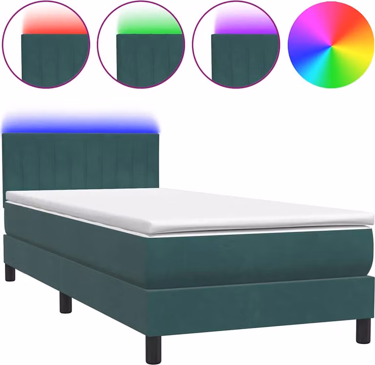 Letto a Molle con Materasso e LED Verde Scuro 80x220 cm Velluto
