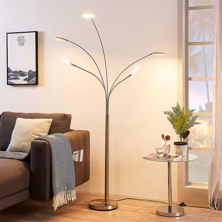 Lampada da terra a LED Anea Lindby, Alluminio / Grigio / Zincato, Soggiorno / Sala da pranzo, Metallo, Moderno, Lampada LED da terra