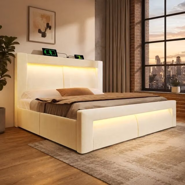 Letto Contenitore REDOM in Velluto Beige con Illuminazione LED e Porte USB L/P: 160 x 200 cm
