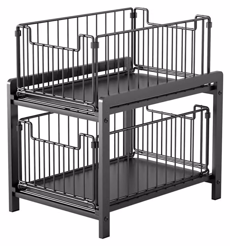 Organizzatore estraibile per armadi - Scaffale a 2 ripiani per mobiletti sotto lavello - Guide scorrevoli - Adatto per cucina e bagno - Cesto in acciaio con cassetti - Colore: nero
