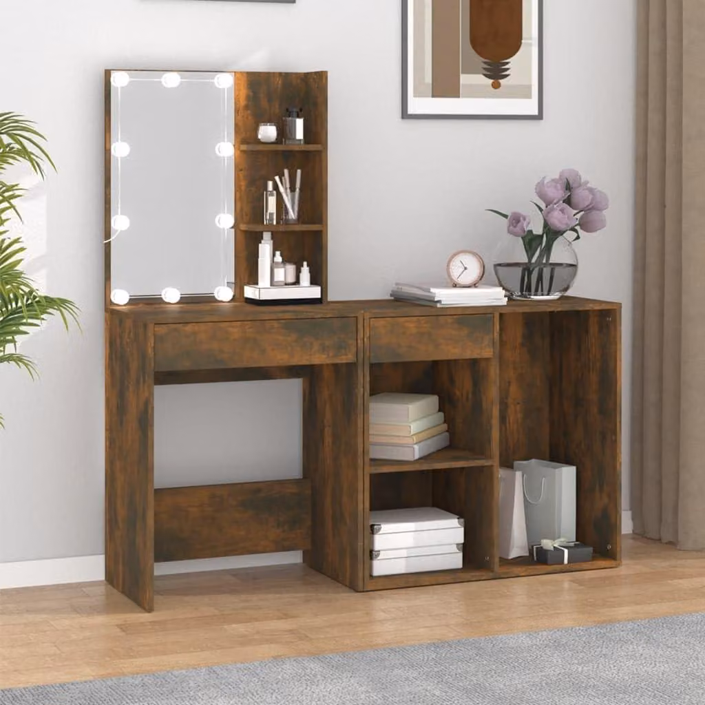 Scrivania con cassetto, dimensioni 60x40x140 cm, finitura effetto rovere affumicato, con illuminazione a LED e porta USB
