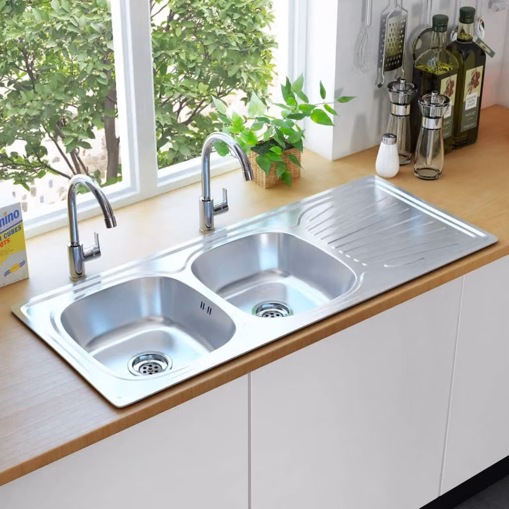The Living Store Lavello da cucina a doppia vasca con scolapasta e sifone in acciaio inox