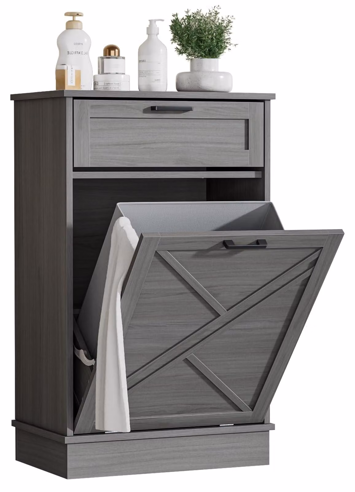 Mobiletto contenitore per bidoni dell'immondizia, capacità 37 litri, 1 cassetto, legno, colore grigio, dimensioni 55x35x90 cm