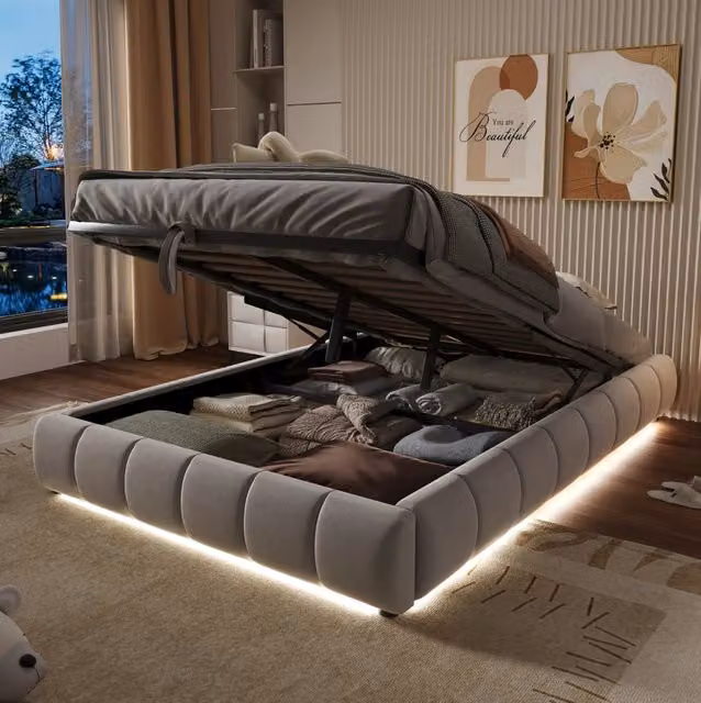 Letto imbottito 140x200 cm senza testiera con LED bianco; contenitore idraulico; beige