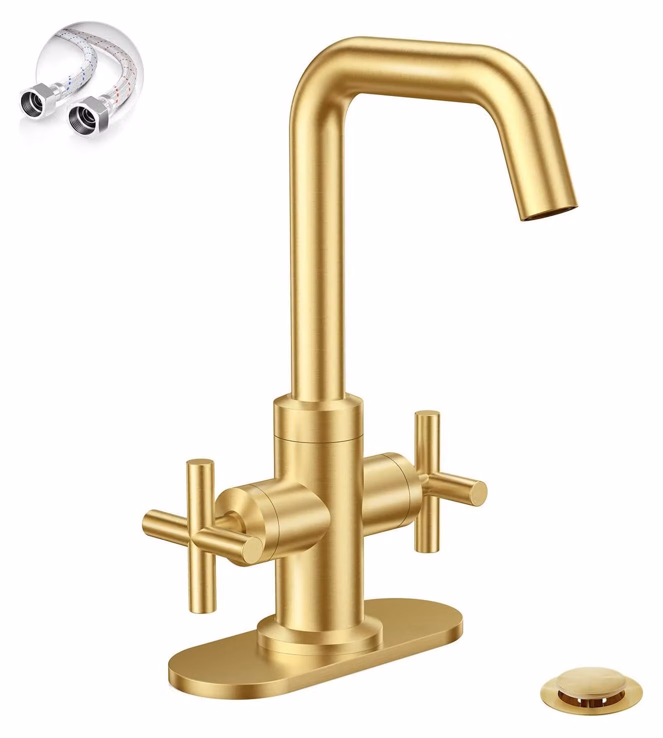 Miscelatore per lavabo a due maniglie, finitura dorata spazzolata, modello centrotubo da 4 pollici, completo di tappo per scarico