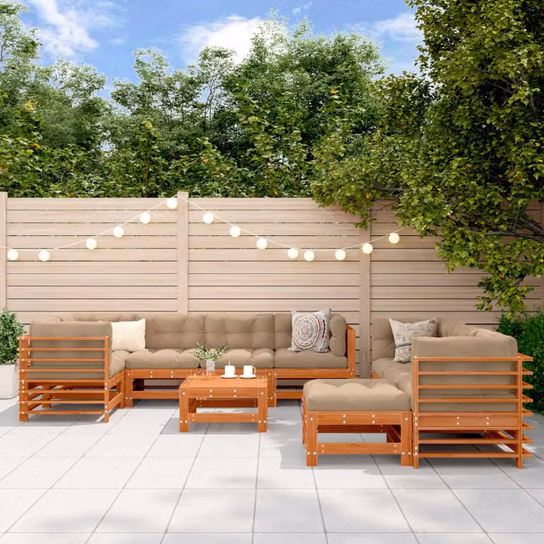 Set Lounge da Giardino vidaXL 10 pz in Legno di Pino Cerato Marrone con Cuscini e Tavolino da Caffè