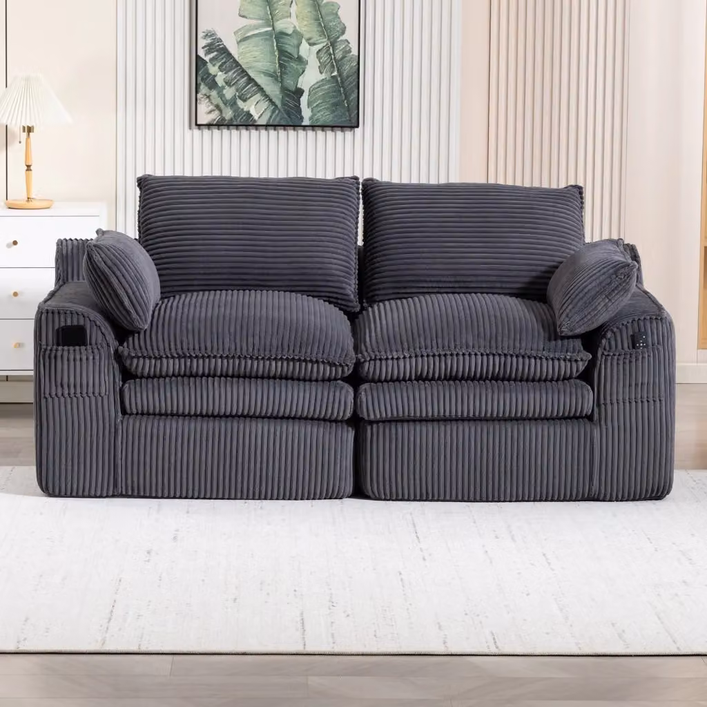 Divano a 2 posti REDOM in velluto a coste grigio con cuscini, L: 191 cm, P: 94 cm, H: 85 cm – 2
