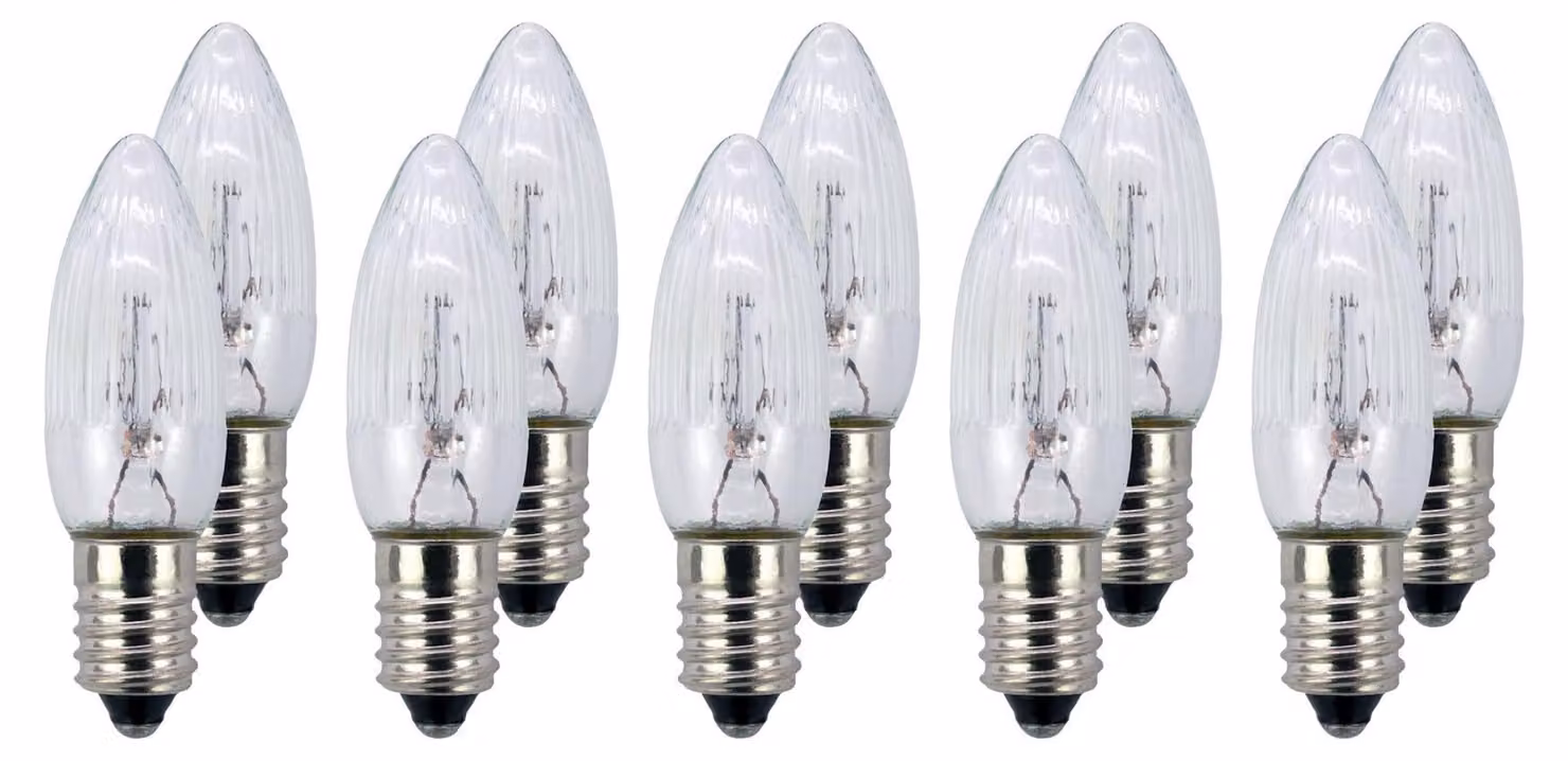 Candele di ricambio, 10 pezzi, 15 V, 2,5 W, attacco E10, candele a coste per catene luminose