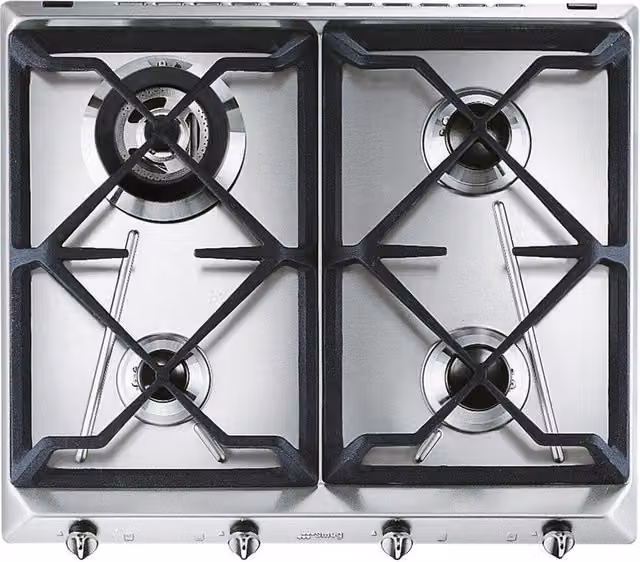 Piano cottura a gas da incasso SMEG 4 fuochi silver con griglie in ghisa L: 59.5 cm