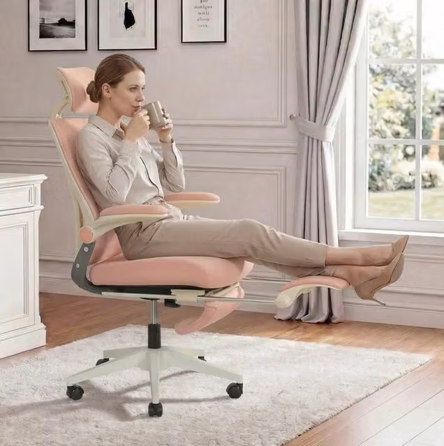 Sedia da ufficio ergonomica pieghevole rosa 62x48,5x129 cm – con poggiapiedi
