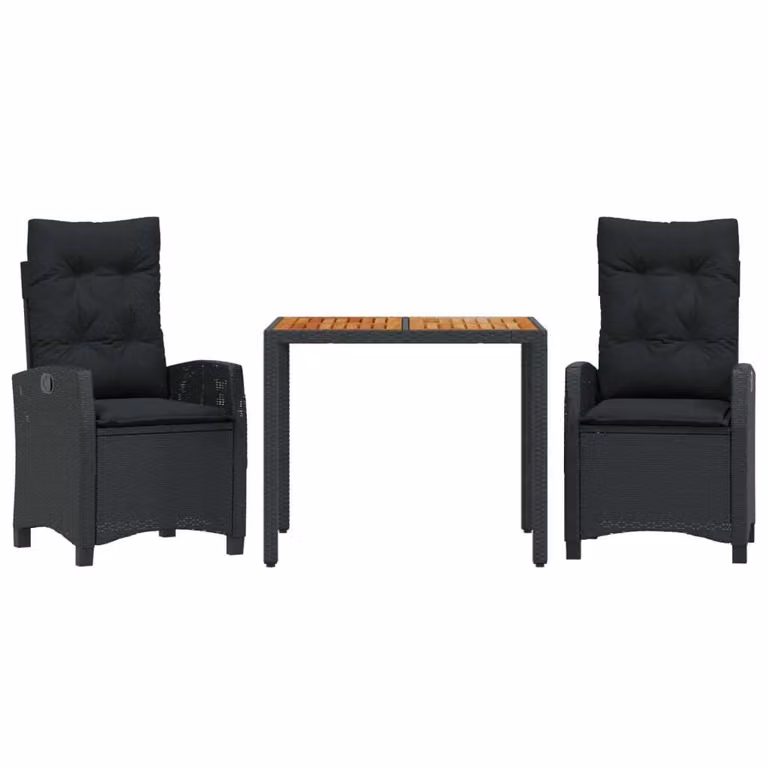 Set da Pranzo da Giardino 3 pz con Cuscini Nero in Polyrattan
