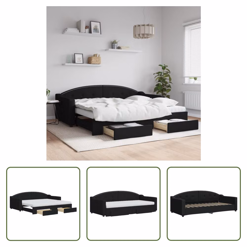 The Living Store Letto allungabile con cassetti nero 90x200 cm tessuto
