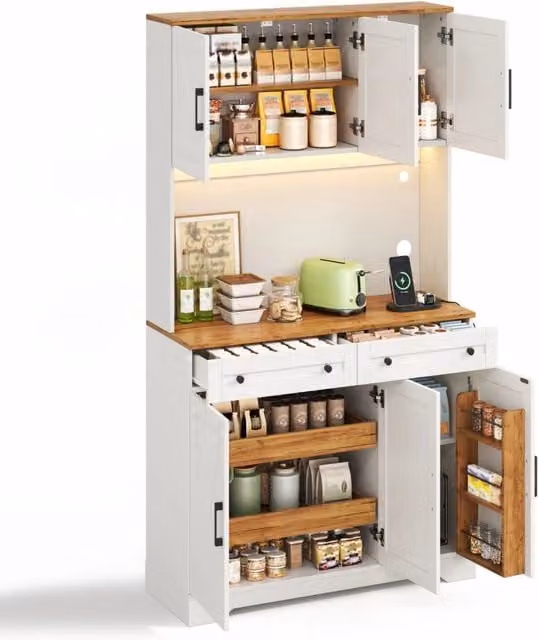 Mobile dispensa cucina alto 100 x 40 x 180 cm con porte a fienile e illuminazione LED