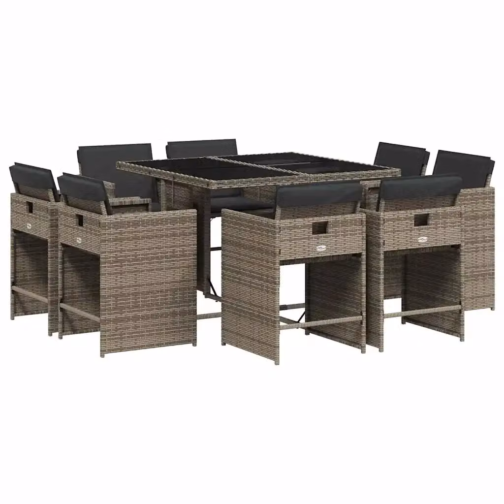 Set da Pranzo da Giardino vidaXL in Polyrattan e Vetro con Cuscini, 9 Pezzi, Grigio e Nero – 2