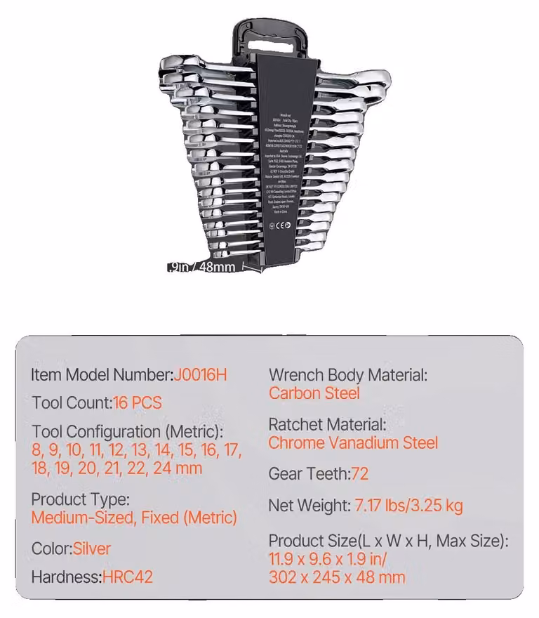Set di chiavi a forchetta, design a 72 denti, set metrico da 8 pezzi, 16 pezzi