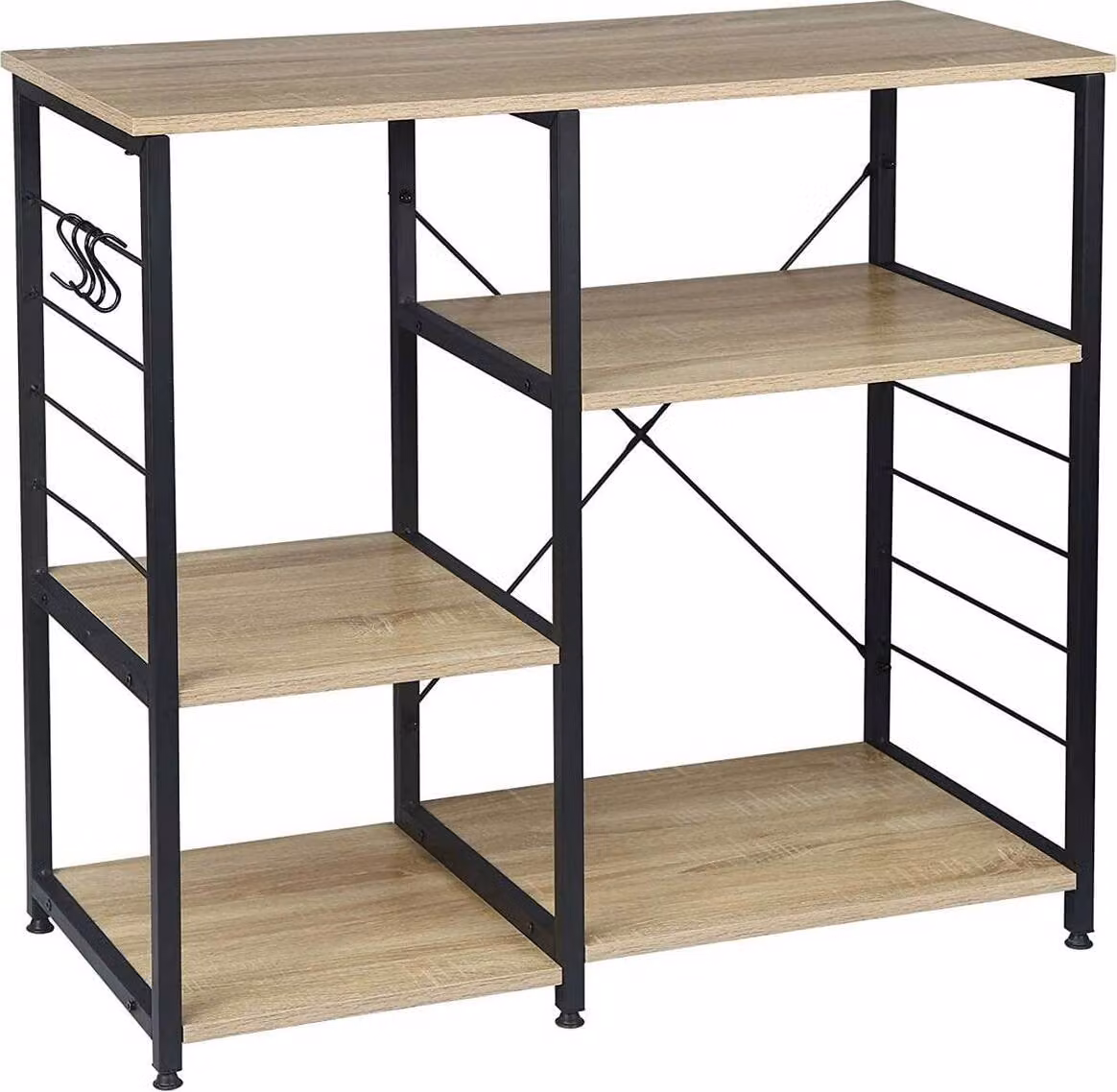WOLTU Scaffale da cucina, scaffale da terra, supporto per microonde, scaffale da fornaio, scaffale in metallo, legno e acciaio, con 5 ripiani, ca. 90 x 40 x 83,5 cm, nero + rovere chiaro