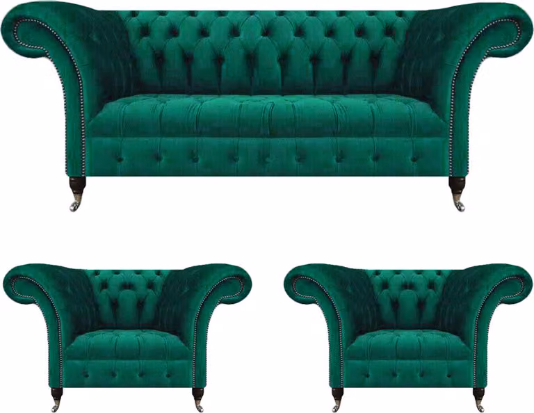 Wohnzimmer Set Komplett 3tlg Grün Sofagarnitur Textil Polstersofa Chesterfield