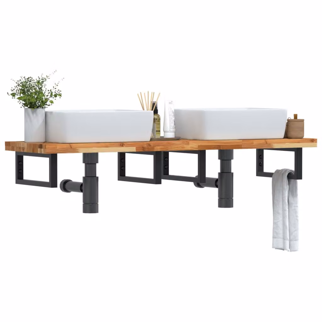 vidaXL Ripiano a Parete per Lavabo in Accacia e Metallo, Marrone e Nero, L: 40 cm, P: 19 cm, H: 5 cm