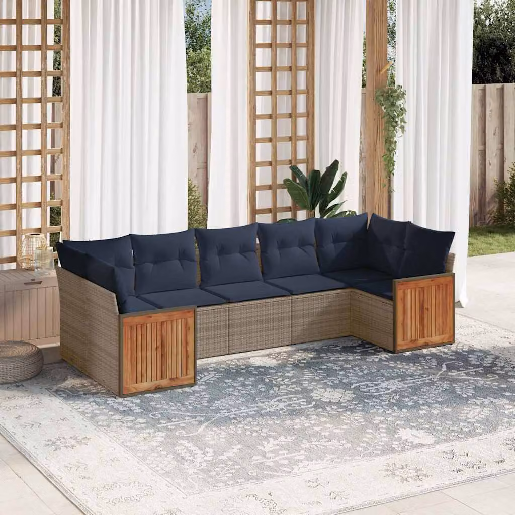 Set da giardino vidaXL in polyrattan composto da 7 pezzi con cuscini grigi e blu, design moderno a forma di L con tavolo da caffè e struttura in legno di acacia