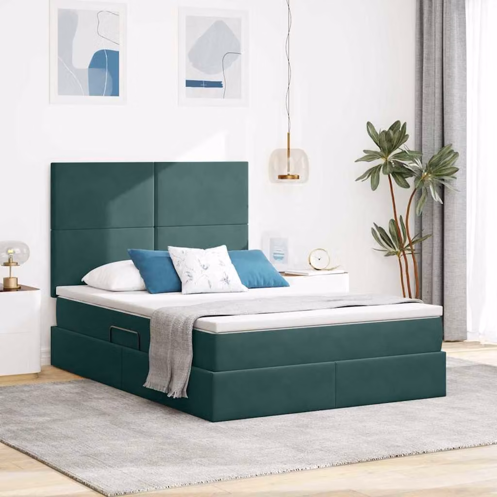 Letto con contenitore e illuminazione LED vidaXL in velluto verde, L/P/H: 140 x 200 x 128 cm – 1