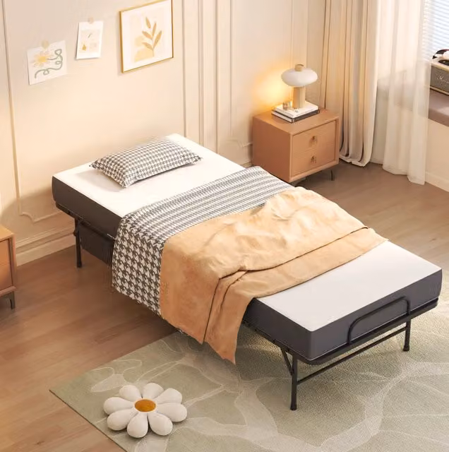 Letto pieghevole singolo 190×78 cm con materasso memory foam 9,5 cm, struttura in metallo su ruote, letto portatile per ospiti