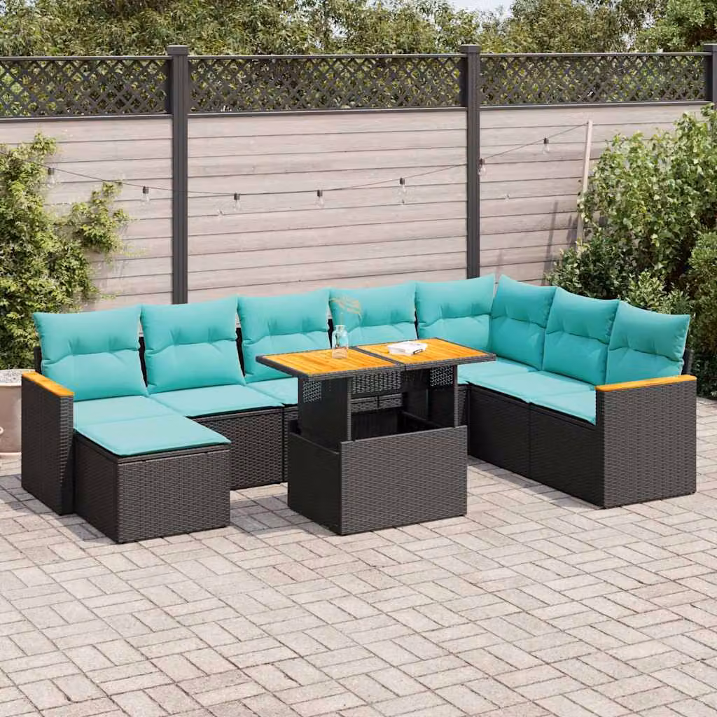 Set di divani da giardino vidaXL 9 pezzi in polyrattan nero con cuscini e struttura in legno di acacia oliato