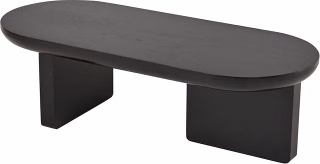 Tavolino da salotto ovale moderno in MDF nero con ampio piano e gambe quadrate L: 119,7 cm, P: 49,8 cm, H: 35,5 cm