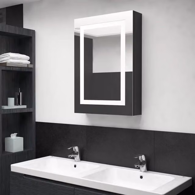 Armadietto da bagno Design Mania con specchio e illuminazione LED, Nero Lucido, L: 50 cm, P: 13 cm, H: 70 cm