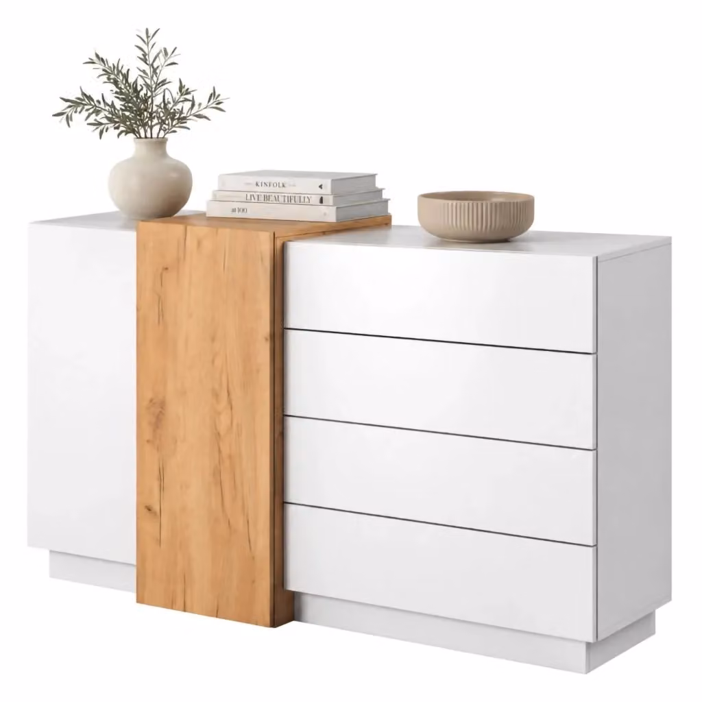 Madia DMORA Hadarari, Credenza Moderna in Legno MDF Colore Bianco e Rovere, L 160 x P 45 x H 94 cm – 2