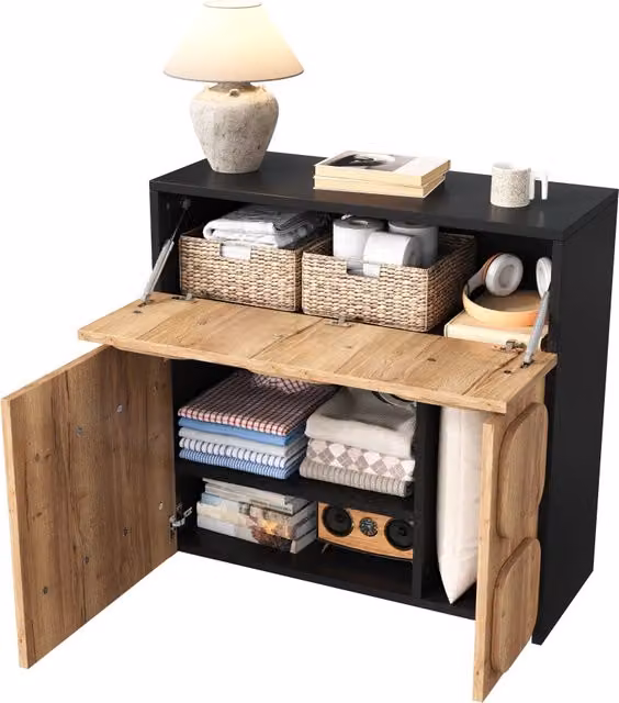 Cassettiera con 4 vani, design retrò con struttura nera, per soggiorno, sala da pranzo e ingresso, legno ingegnerizzato
