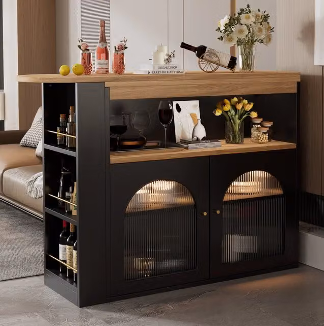 Bartisch 138-193x39x105 cm girevole ed estensibile con 3 ripiani e LED nero