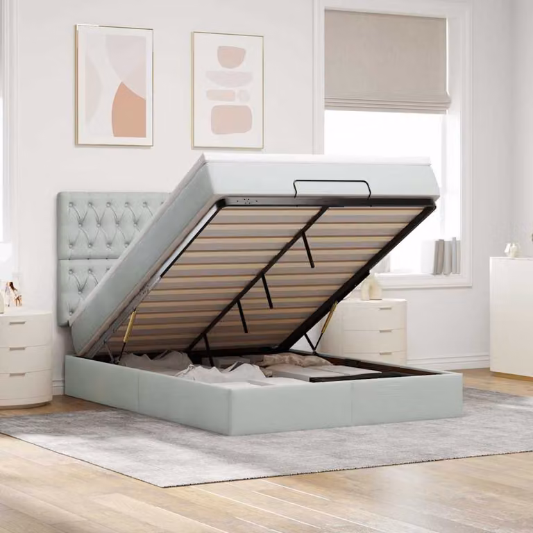 vidaXL Struttura Letto con Materasso e Pouf in Velluto con Base a Sollevamento L/P/H: 193 x 144 x 128 cm