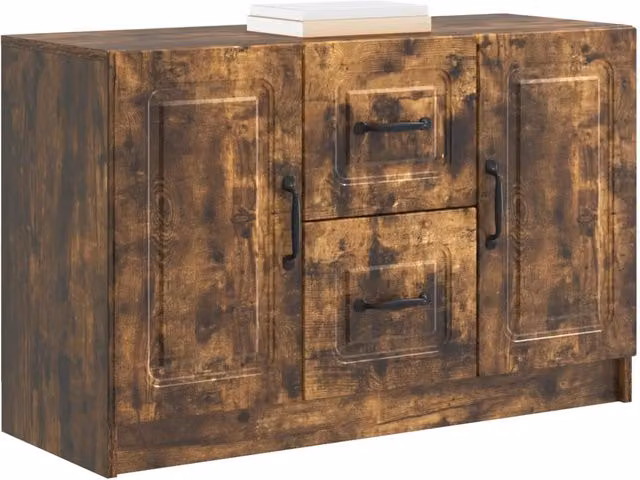 Credenza moderna in legno ingegnerizzato e metallo Rovere Fumo, ideale per soggiorno o sala da pranzo, L: 89 cm, P: 34,5 cm, H: 57 cm