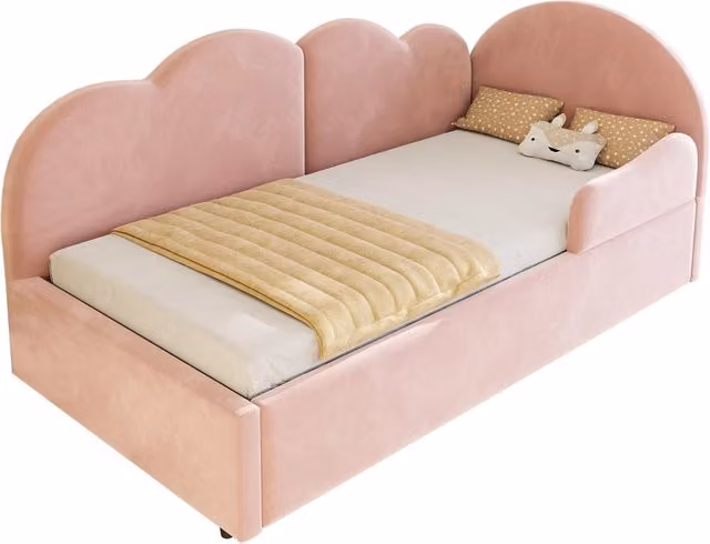Divano letto a L 90x200+90x190 cm in velluto rosa， testiera a nuvola， senza materasso