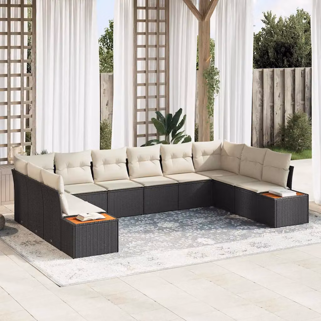 Set Divano da Giardino vidaXL in Polyrattan Nero con Cuscini e Struttura in Metallo – 1