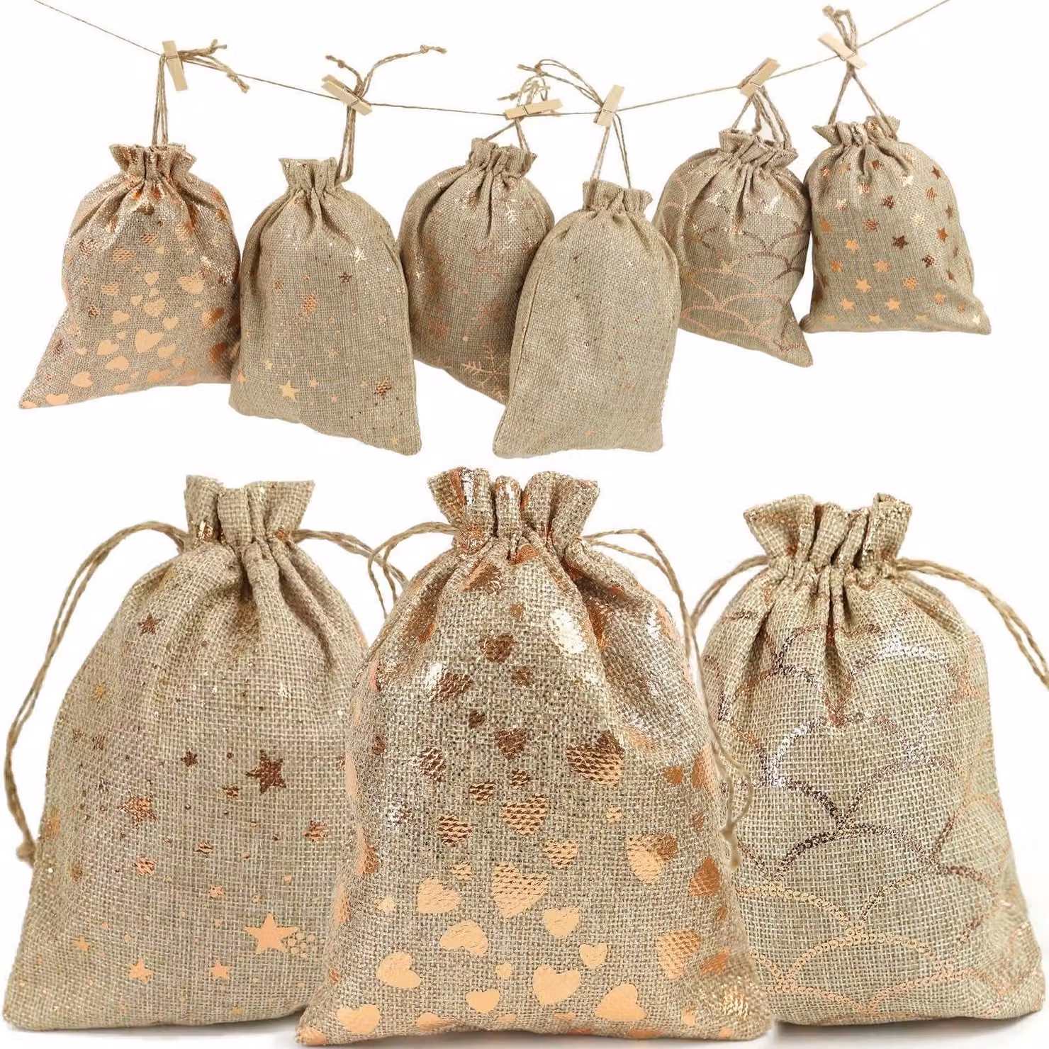 Calendario dell'Avvento con sacchetti di iuta da riempire, set da 24, 10x15 cm, color oro