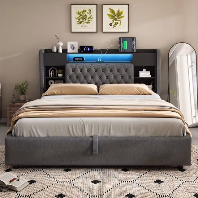 Letto matrimoniale imbottito 140 × 200 cm con contenitore idraulico LED prese USB e USB-C in lino grigio