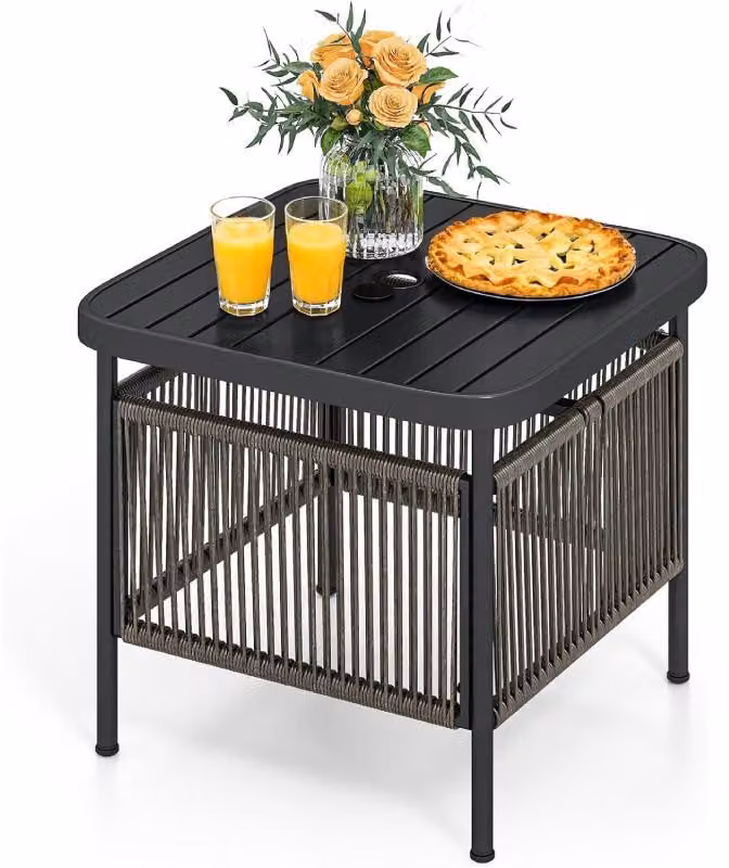 Tavolino da giardino in rattan con foro per ombrellone, modello VX90495DE-GL, dimensioni 56 x 56 x 49 cm, colore nero
