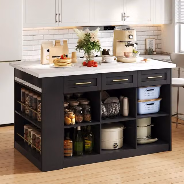 Isola cucina con tavolo estraibile 150 x 90 x 90 cm in MDF piano effetto marmo bianco