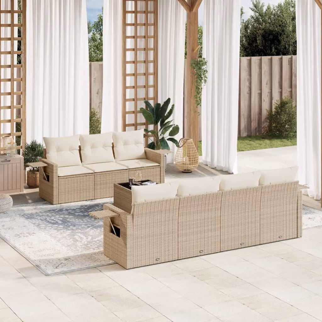 vidaXL Set Divano da Giardino 8 pz in Polyrattan Beige con Cuscini e Tavolino da Esterno – 1