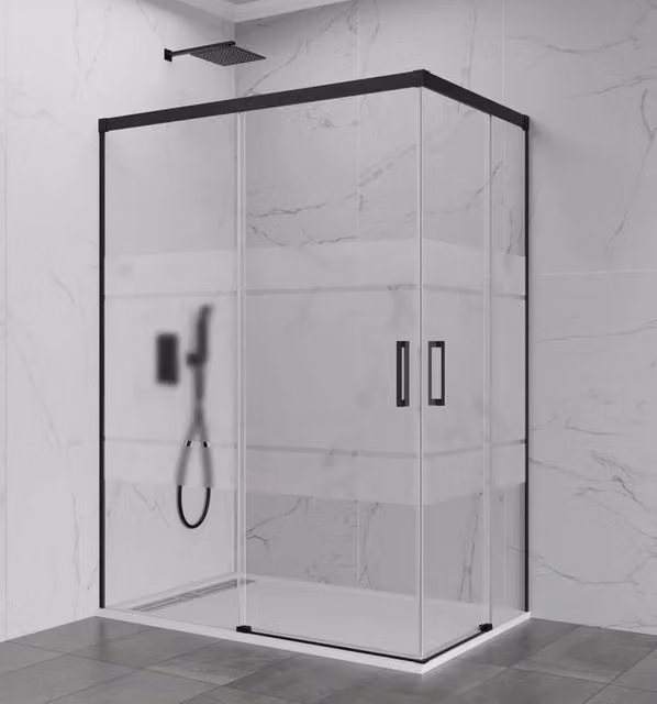Box doccia angolare DUCHA BASIC con apertura al vertice, vetro satinato e finitura nero opaco, L: 140 cm, P: 80 cm