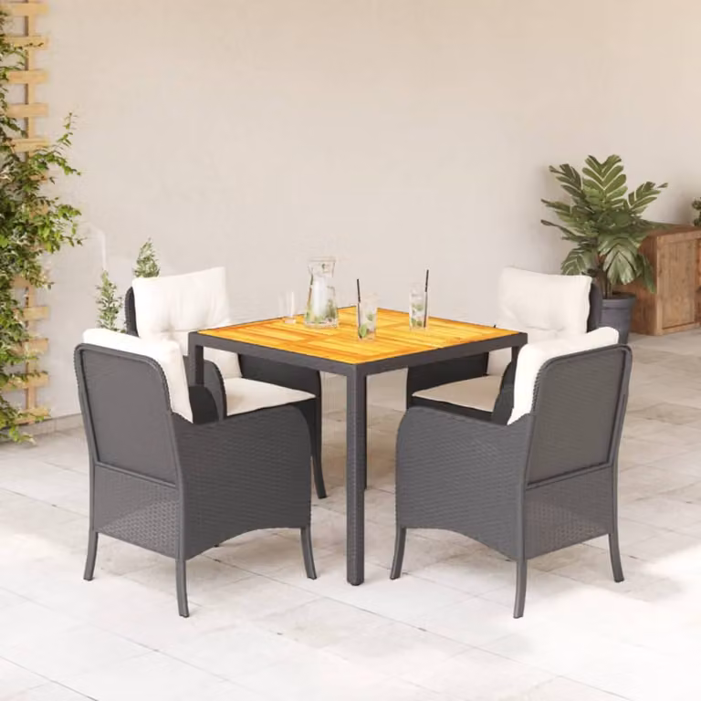 Set da pranzo da giardino moderno vidaXL in legno di acacia e rattan con struttura in acciaio verniciato nero e cuscini bianchi, 5 pezzi