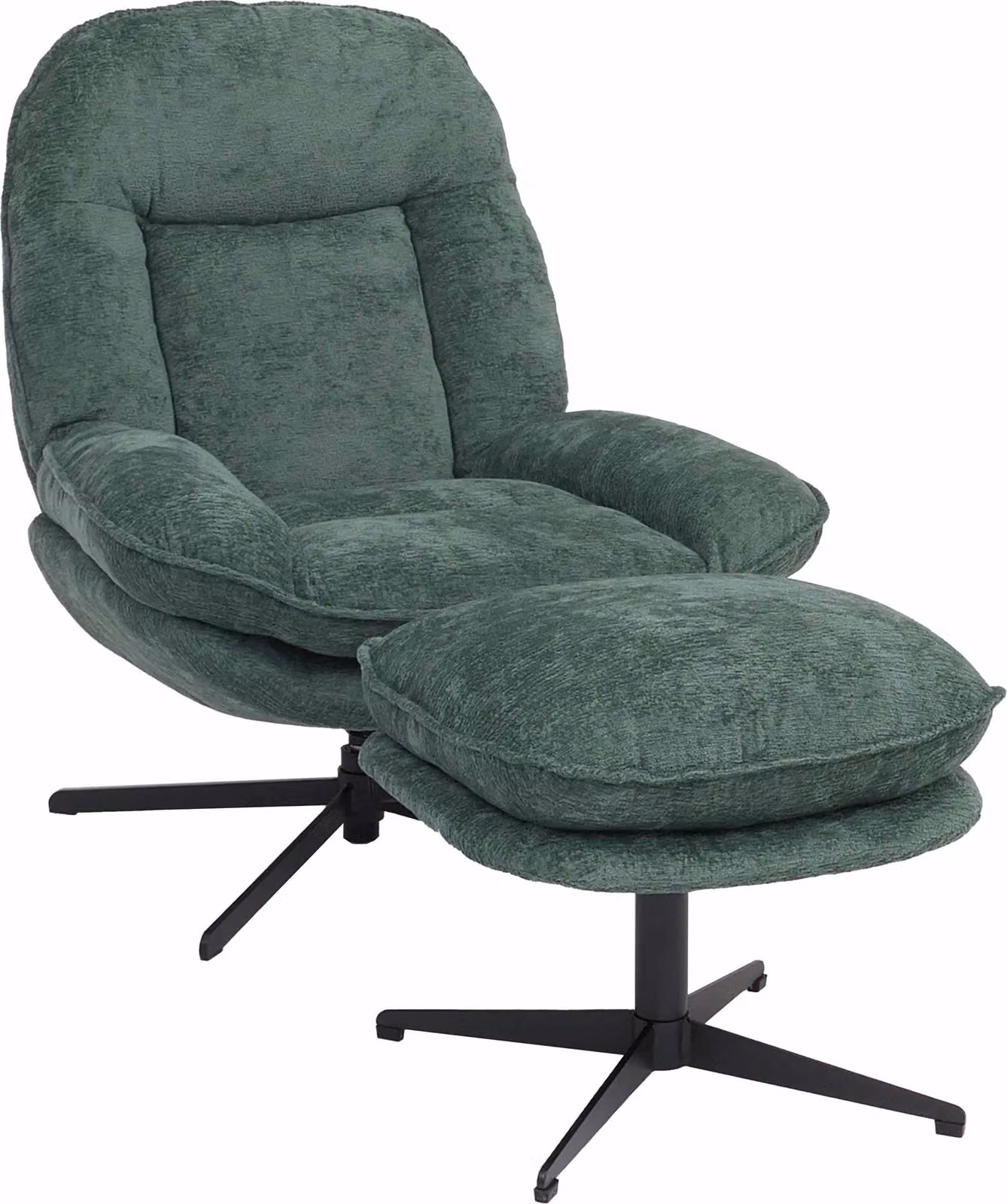 Poltrona reclinabile con sgabello MCW-P32, poltrona TV con sospensione nosag, girevole in metallo tessuto/tessuto ciniglia (370 g/m²) ~ verde