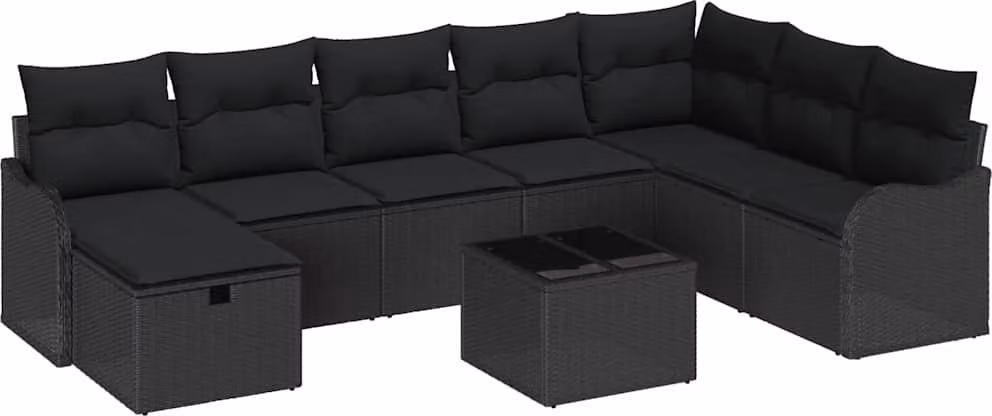 Set Divano da Giardino con cuscino 9 pcs Nero Poly Rattan